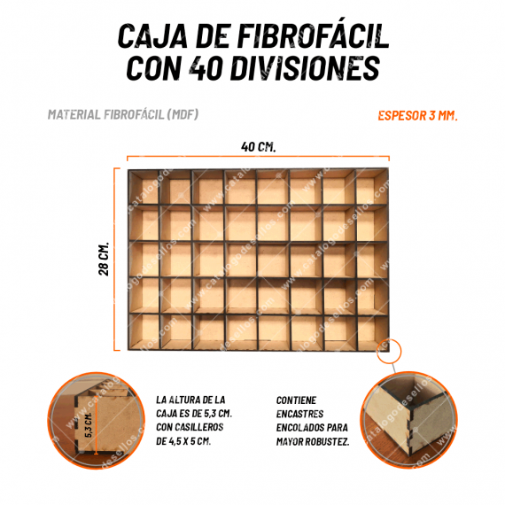 Caja Fibrofácil de 40 x 28 x 5cm. con 40 divisiones