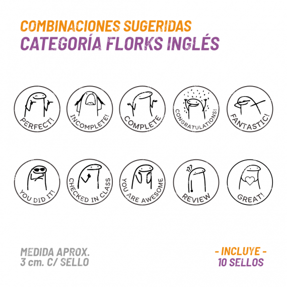 Set 10 Sellos Buho Flork Ingles