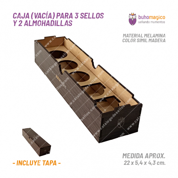 Caja Madera (vacía) para 3 Sellos y 2 Almohadillas BuhoMagico