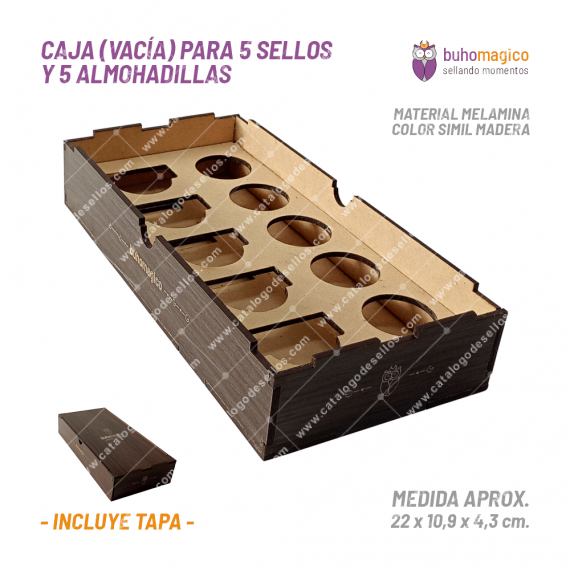 Caja Madera (vacía) para 5 Sellos y 5 Almohadillas BuhoMagico