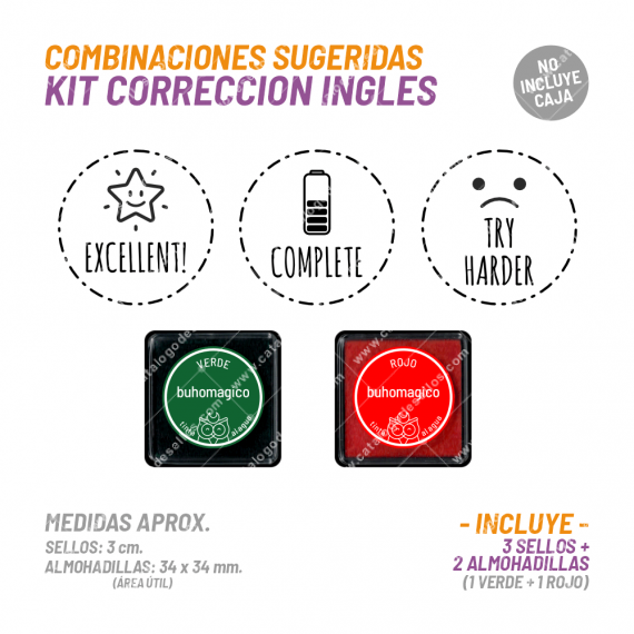 Kit Corrección Inglés - 3 Sellos 2 Almohadillas BuhoMagico