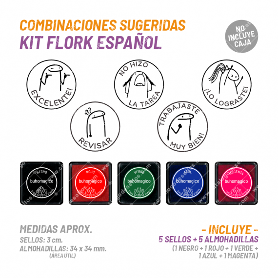 Kit Flork Español - 5 Sellos 5 Almohadillas BuhoMagico