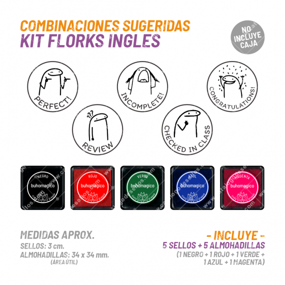 Kit Flork Inglés - 5 Sellos 5 Almohadillas BuhoMagico